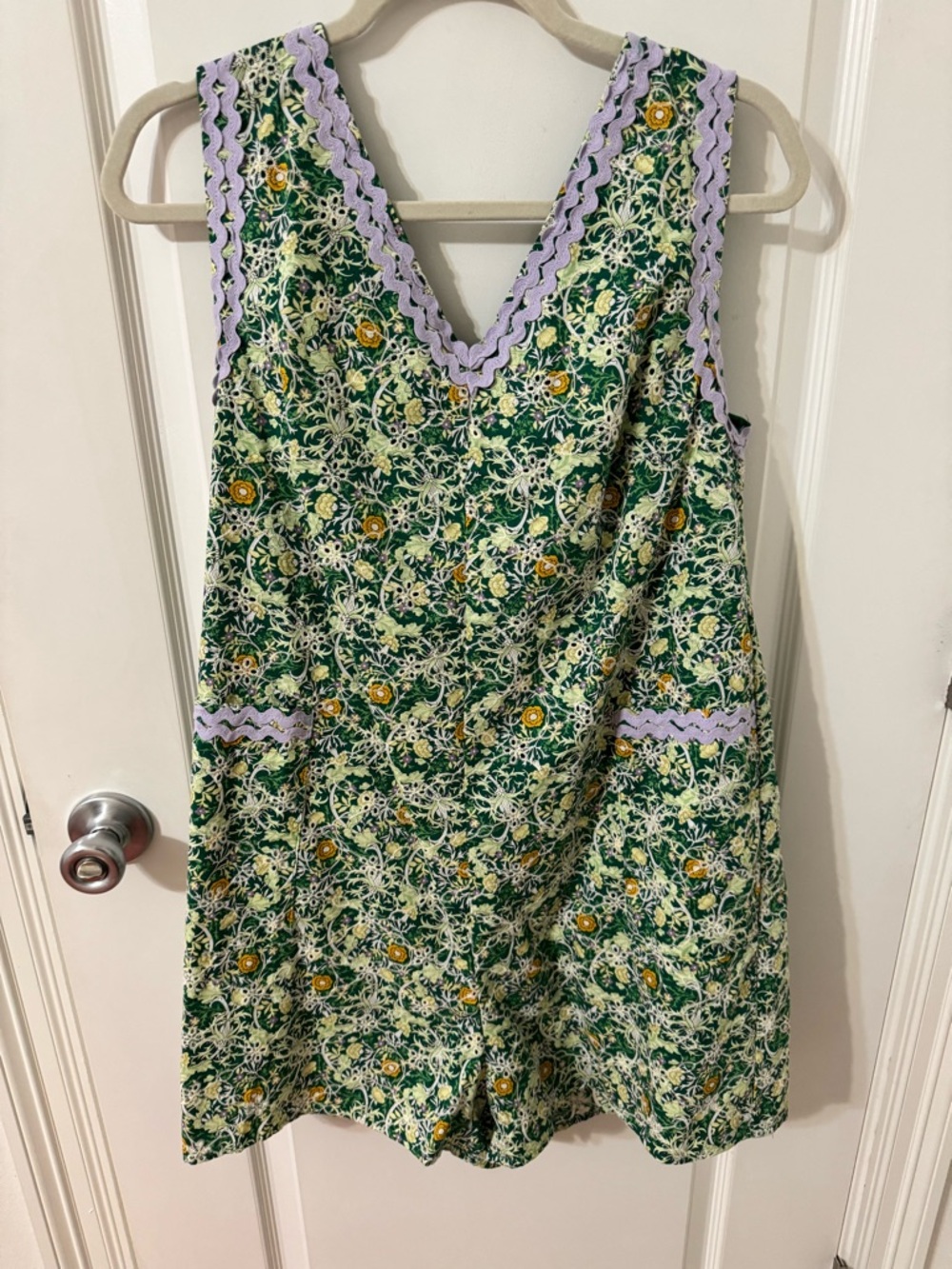 Just Me Green Floral Romper with Lavender Trim